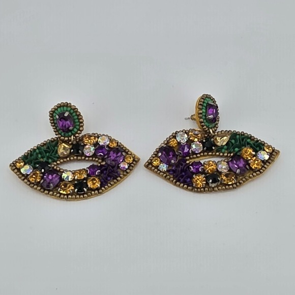 The Unbranded Brand Jewelry - Mardi Gras Beaded Lip Earrings Purple Green Gold Rhinestone Statement‎ 2.5in